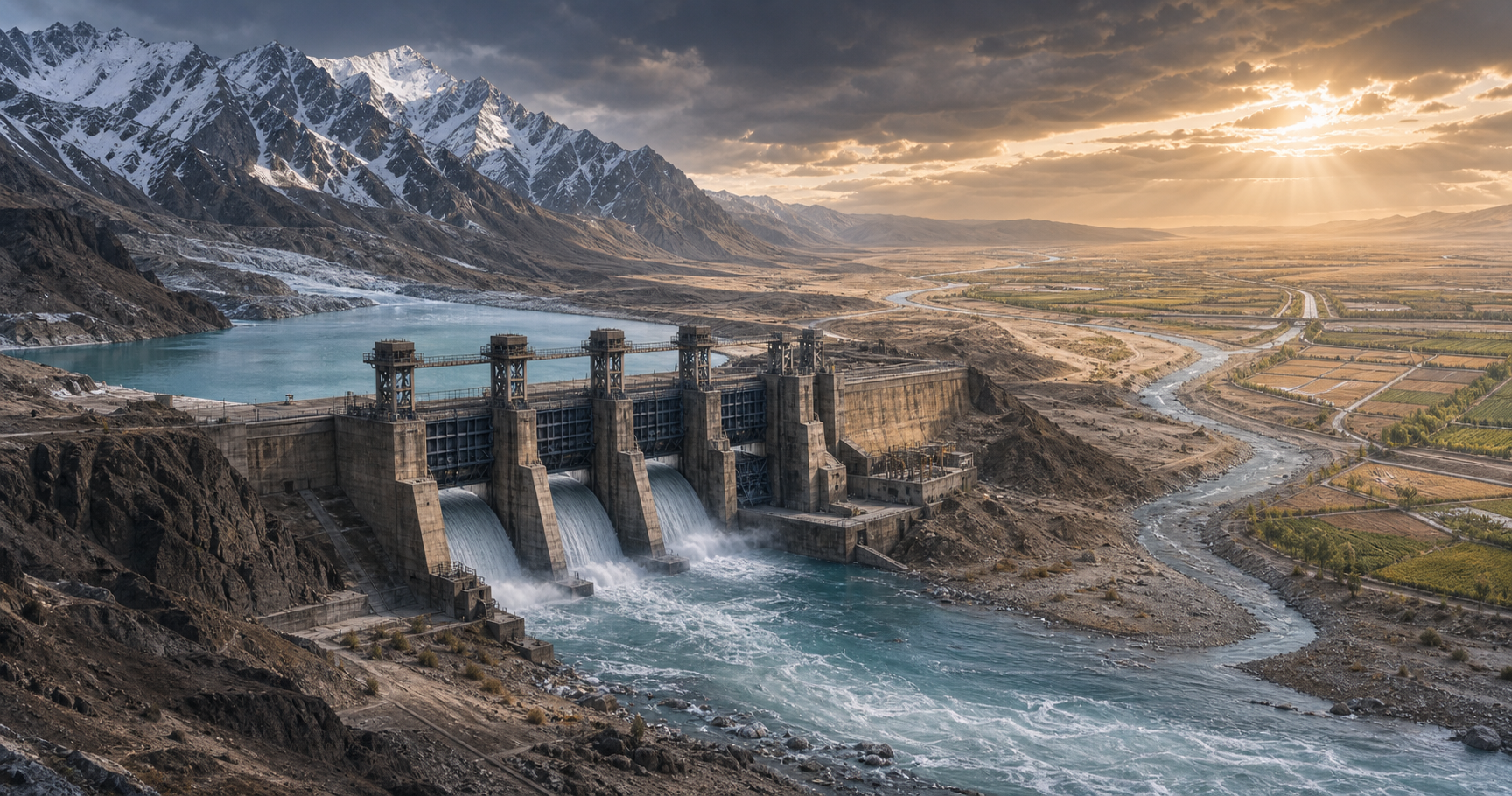 A snow-fed river flows from Himalayan mountains through a large dam and continues toward irrigation canals and fields on a dry plain.