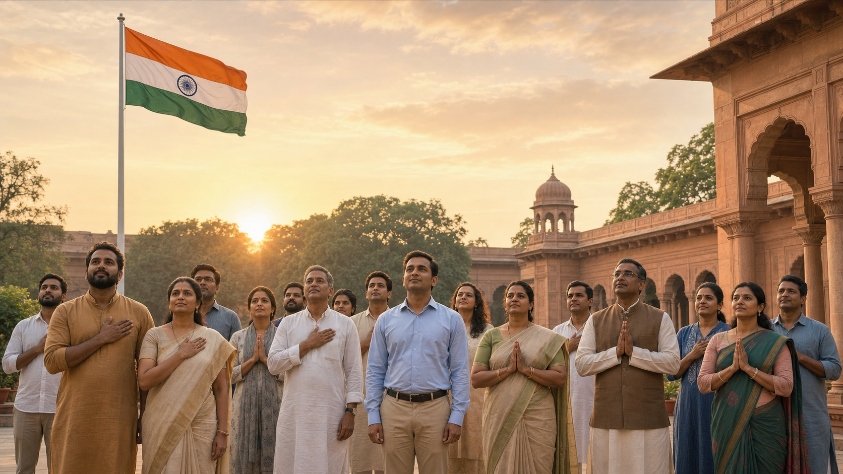 A diverse group of adults stands beneath the Indian flag in a sunlit civic courtyard, with one person respectfully keeping their hands at their sides.