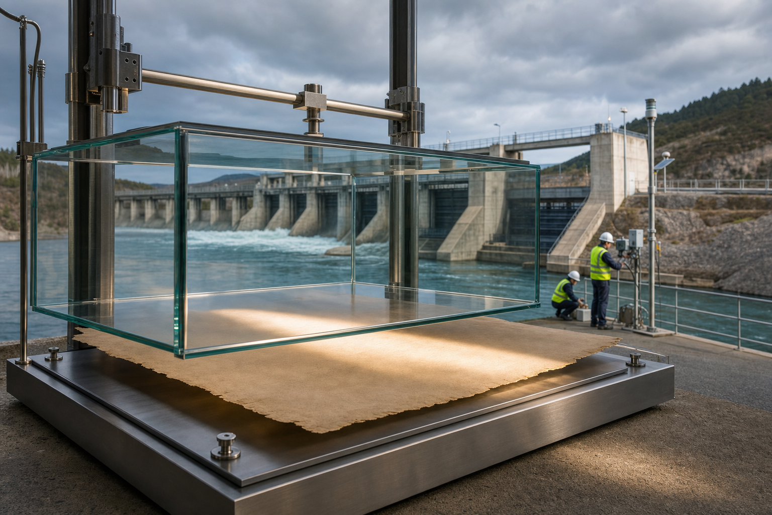 An unmarked agreement is suspended above a flowing river while engineers inspect an operating dam in the background.