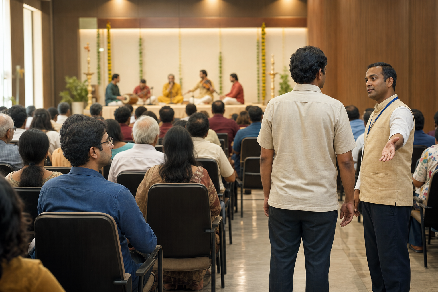 In a public hall, one attendee remains quietly attentive while an usher addresses a different attendee who is blocking the aisle.