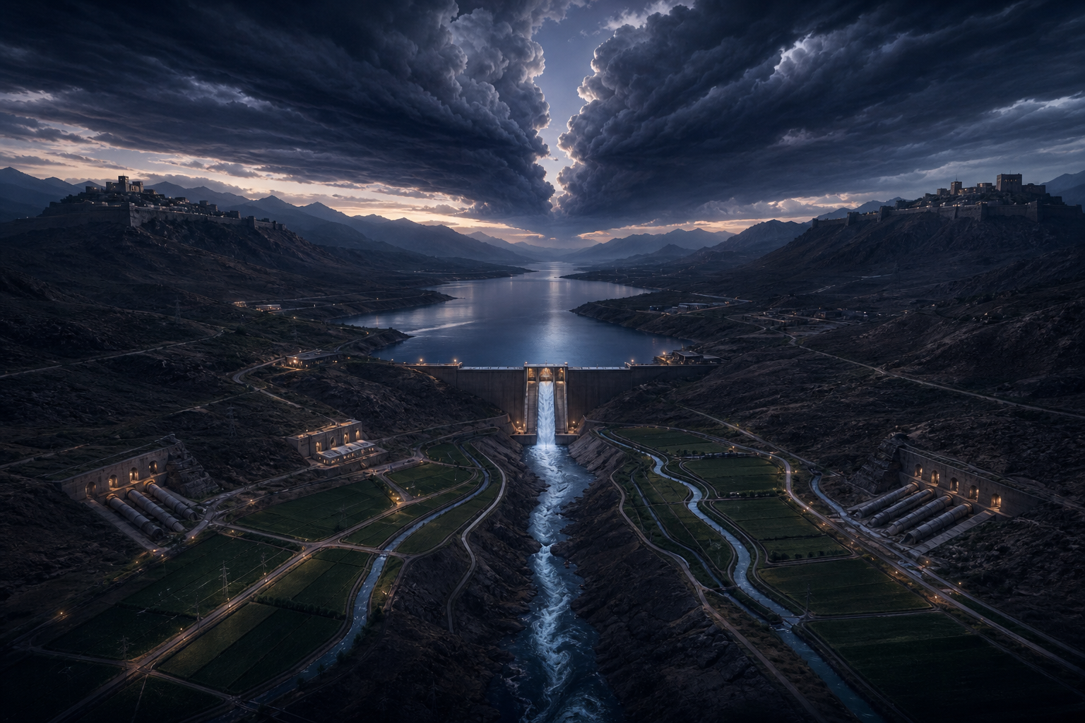 A regulated spillway releases water through a mountain valley between two distant fortified ridgelines beneath dark storm clouds.