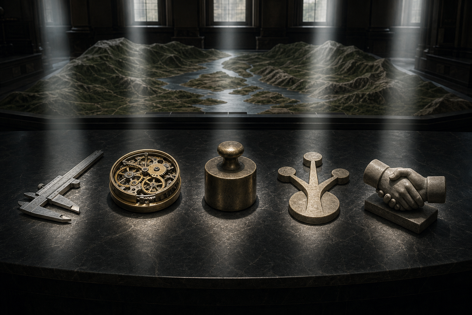 Five symbolic objects, including a caliper, clockwork mechanism, balanced weight, branching token, and handshake sculpture, surround a model river basin on a planning table.