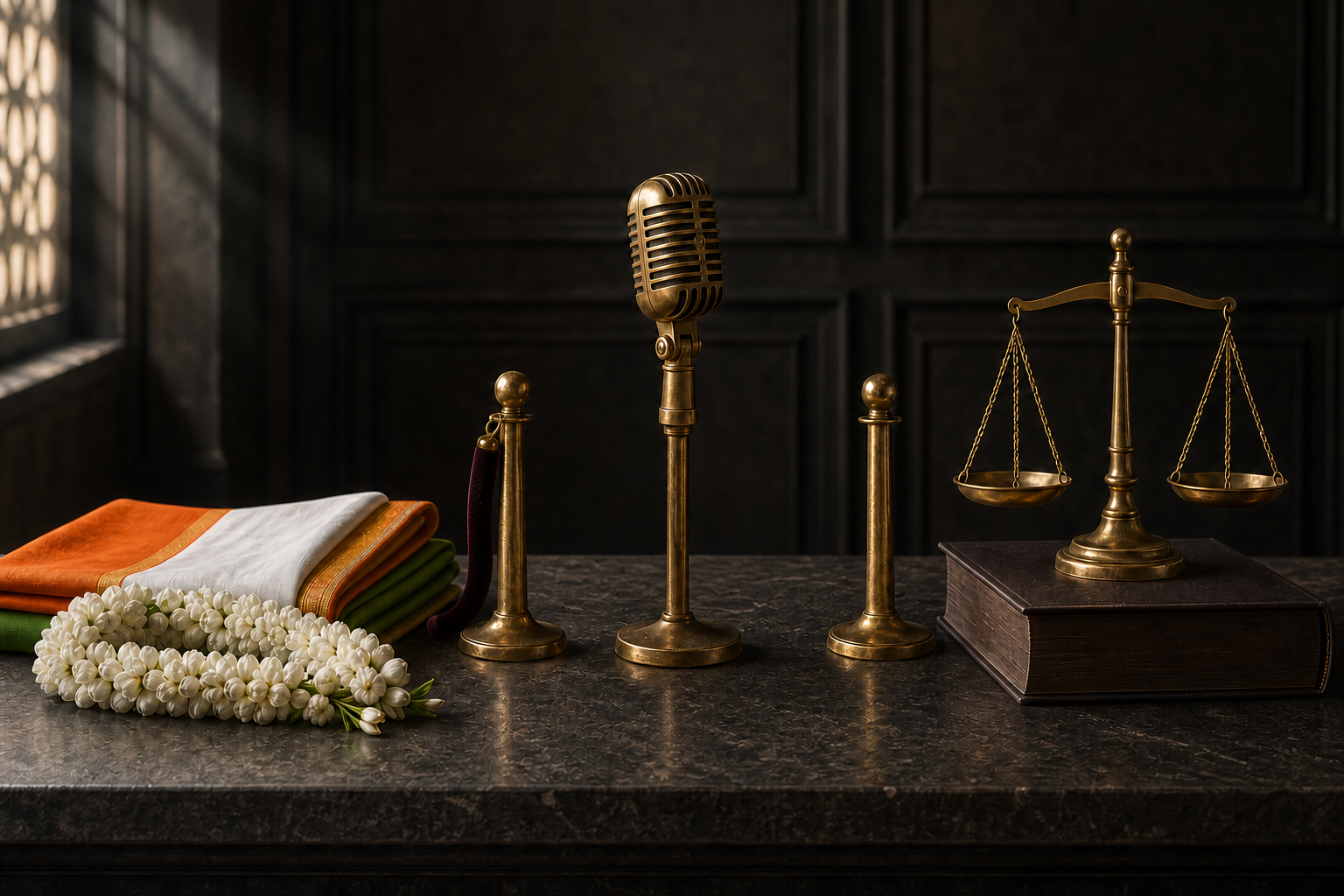 A jasmine garland, a brass microphone beside an aisle rope, and balanced scales on an unmarked book sit in separate pools of light.