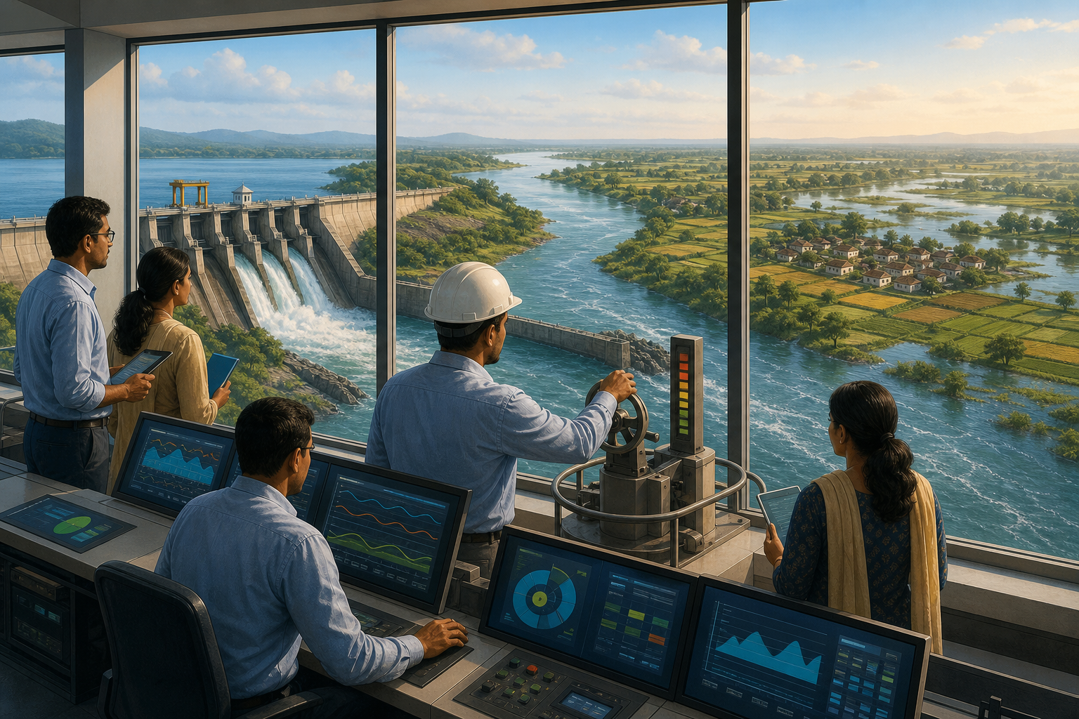 Engineers and civilian administrators monitor a dam from a control room as released water flows toward farms, villages, and wetlands.