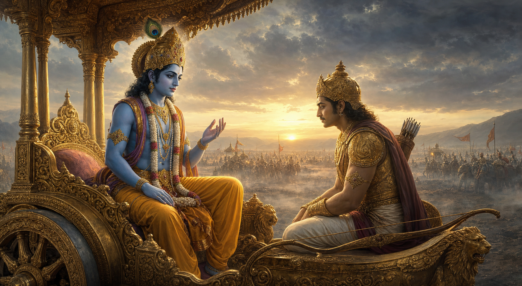 Sri Krishna calmly instructs Arjuna on a golden chariot as distant armies wait under a misty dawn sky.