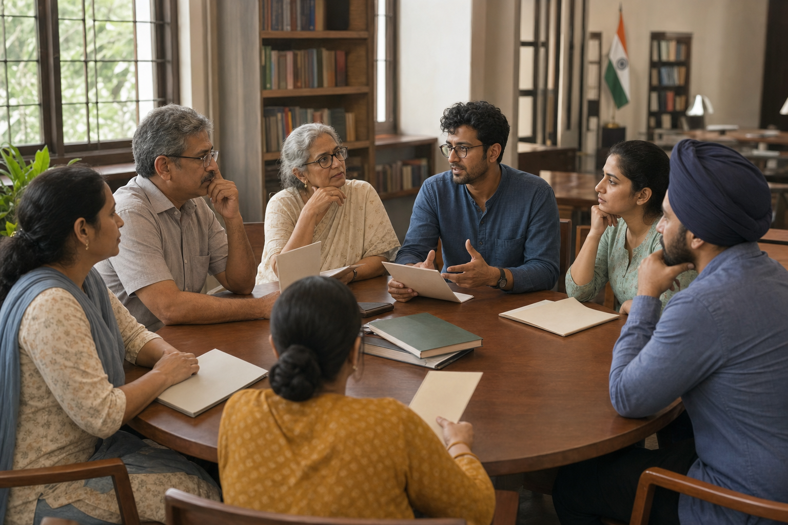 A diverse group of adults discusses unmarked documents around a round table in a public reading room with a small Indian flag nearby.