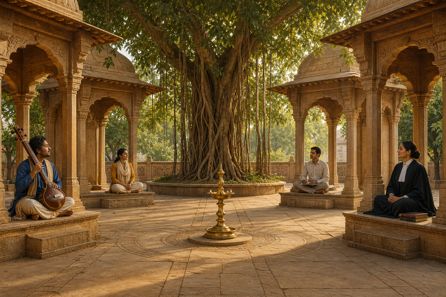 A singer, a citizen, a civil official, and a jurist stand in separate open pavilions around a banyan tree and a central brass lamp.