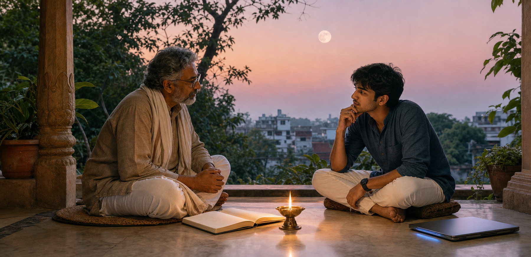 A teacher and young adult student sit in conversation beside a notebook and oil lamp, while a closed laptop rests nearby and a pale full moon hangs in the dawn sky.