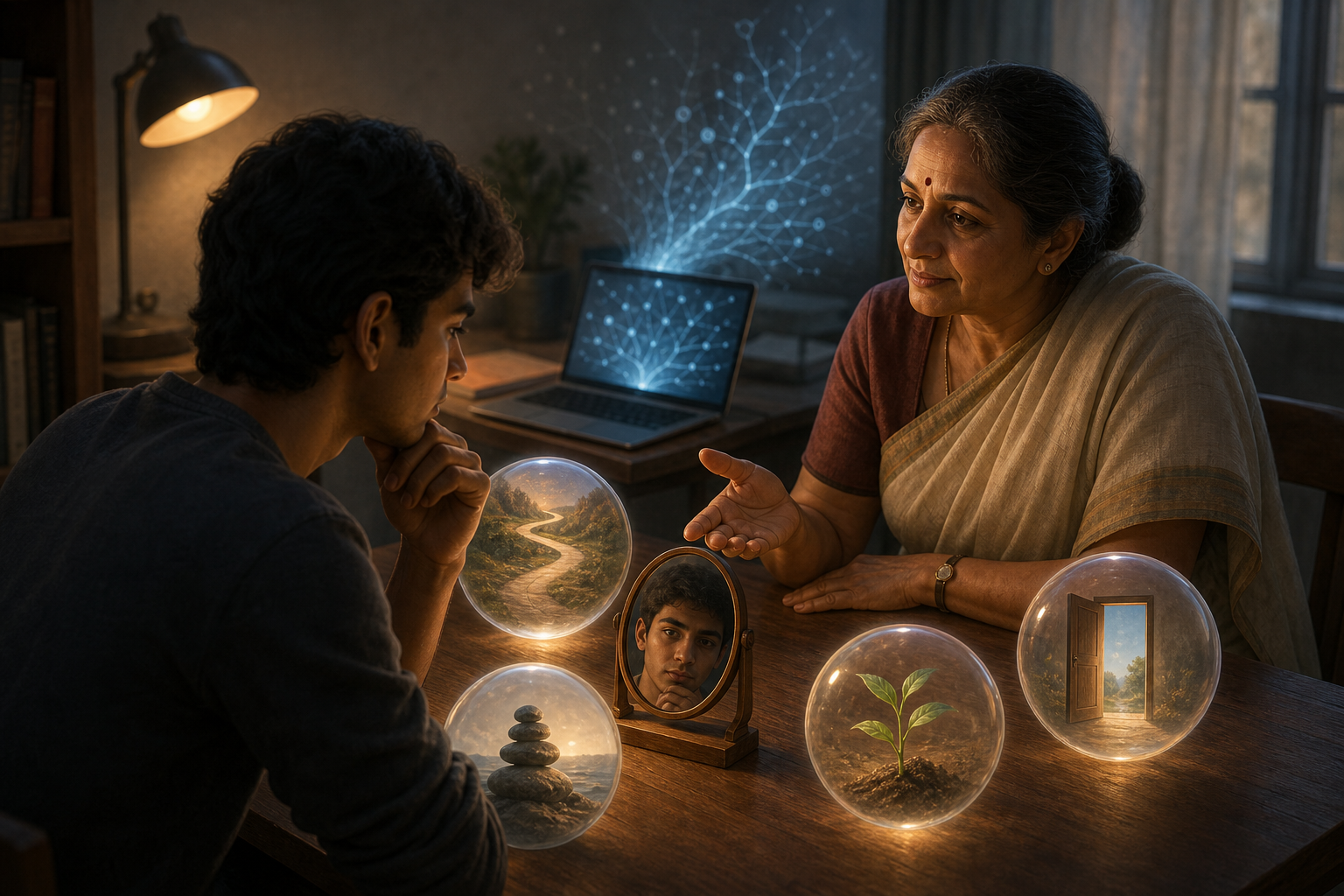 A learner and teacher examine a small mirror at a desk while an open laptop and glowing symbolic possibilities surround them.