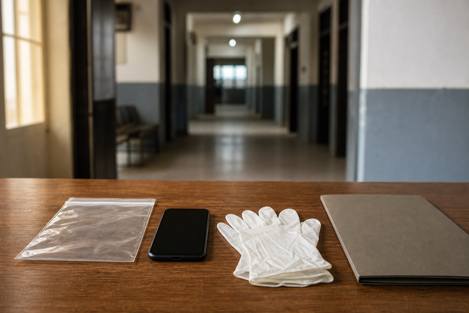 A sealed evidence pouch, smartphone, protective gloves, and unmarked case folder rest on a police evidence desk.