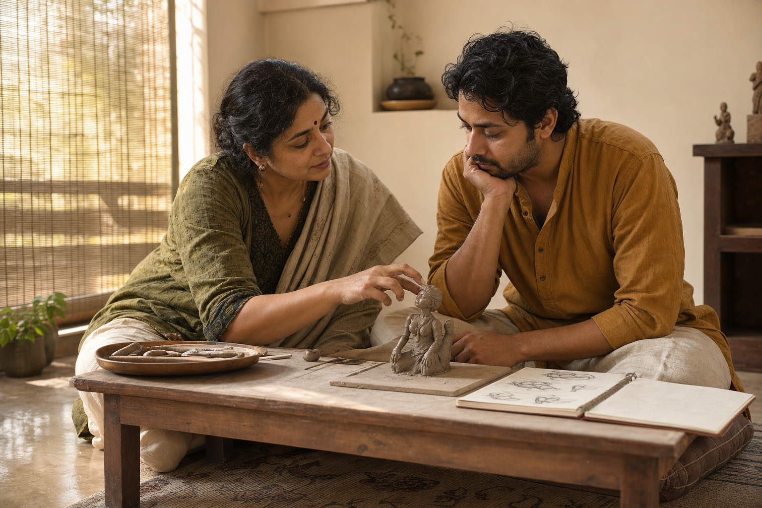 A seated teacher patiently demonstrates a hand adjustment to an adult student beside unfinished practice materials in a sunlit study room.