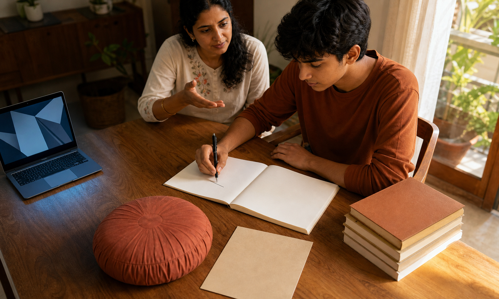 A student works in a notebook at a study desk while a laptop occupies a smaller side area and a teacher sits nearby in attentive conversation.