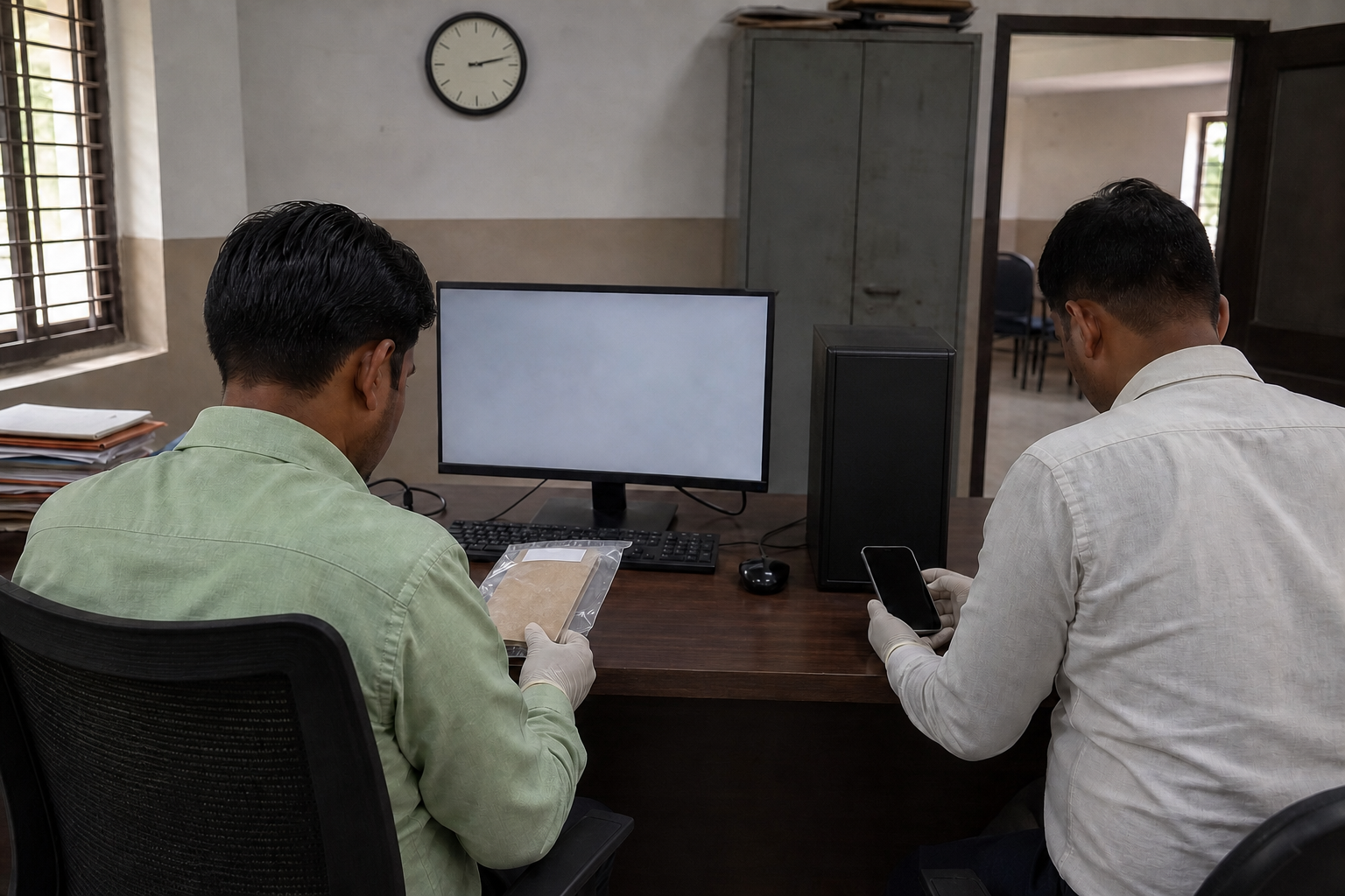 Two investigators document a sealed evidence pouch and secure a smartphone inside a police station.