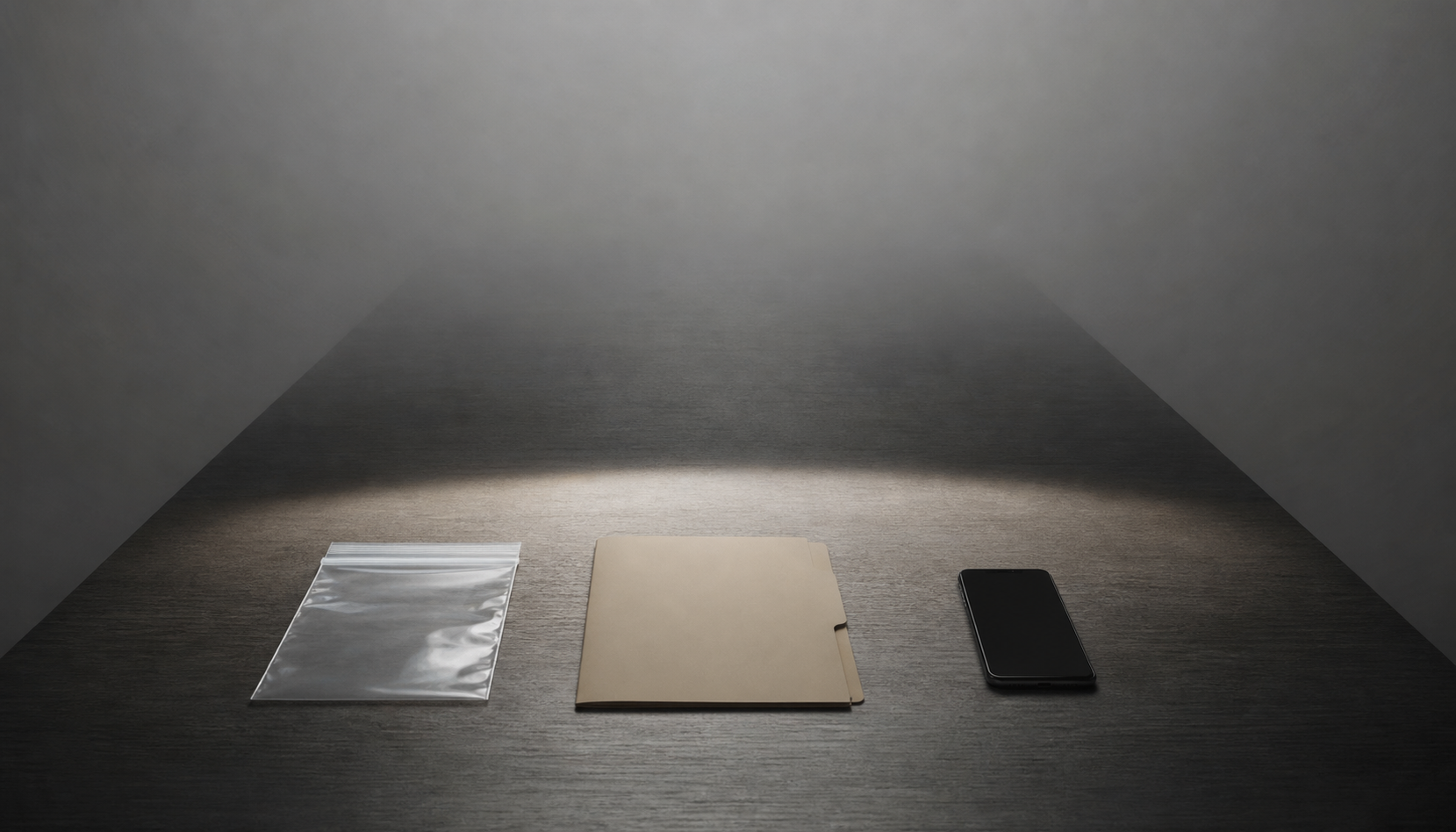Verified evidence sits in a pool of light while the far end of the table fades into gray haze.