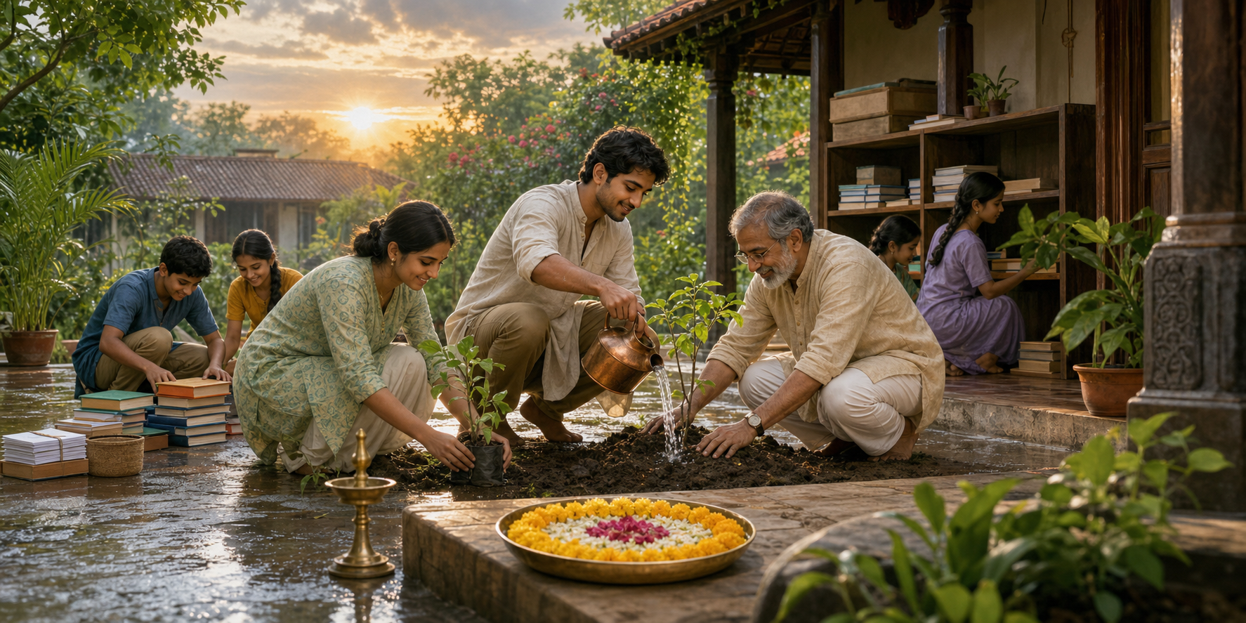 A teacher and learners tend saplings and organize books together in a sunlit courtyard beside a simple floral offering and brass lamp.