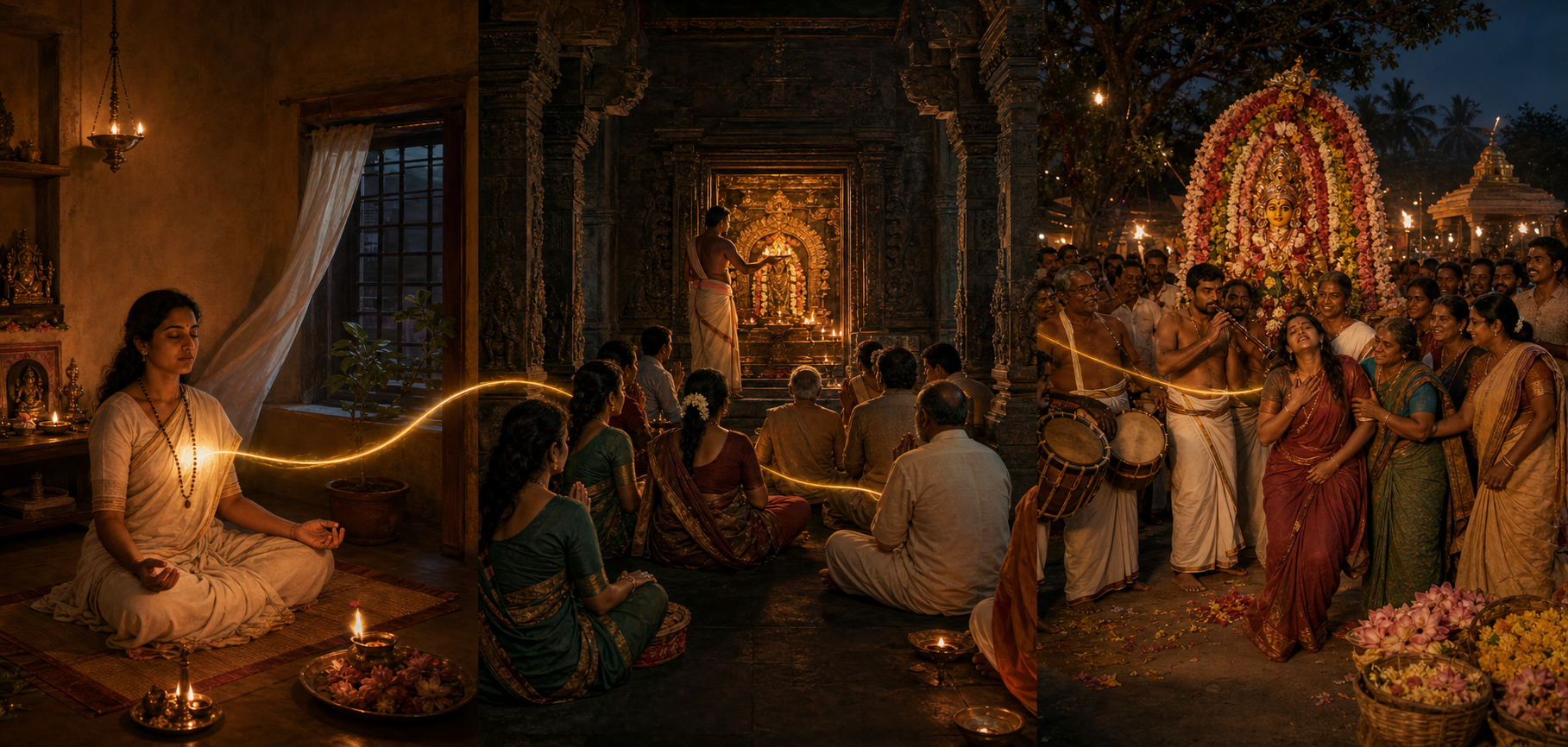 Three connected scenes show private meditation, temple worship, and a community goddess festival linked by a subtle golden light.