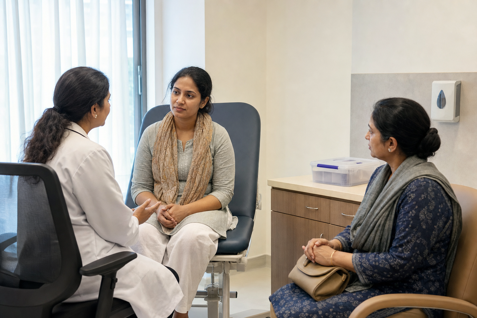 A female clinician supports an adult woman in a hospital room while a family member waits nearby and a sealed evidence kit rests on a counter.