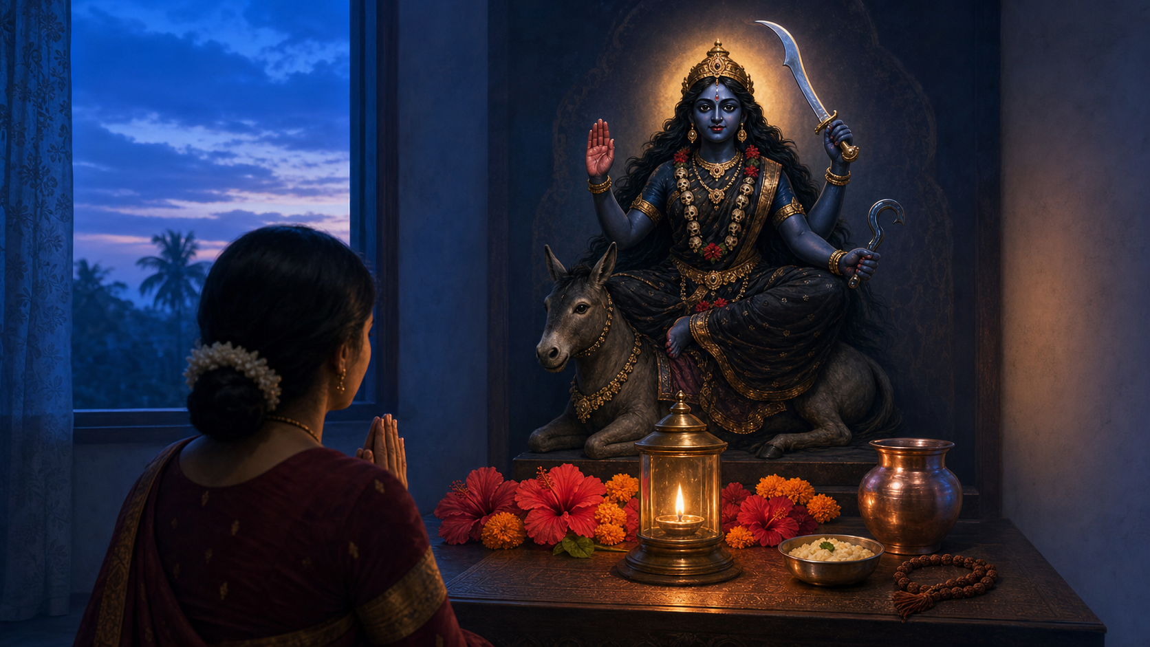 A devotee sits before a home shrine of four-armed Maa Kalaratri with flowers, a brass lamp, a water vessel, prayer beads, and a food offering.