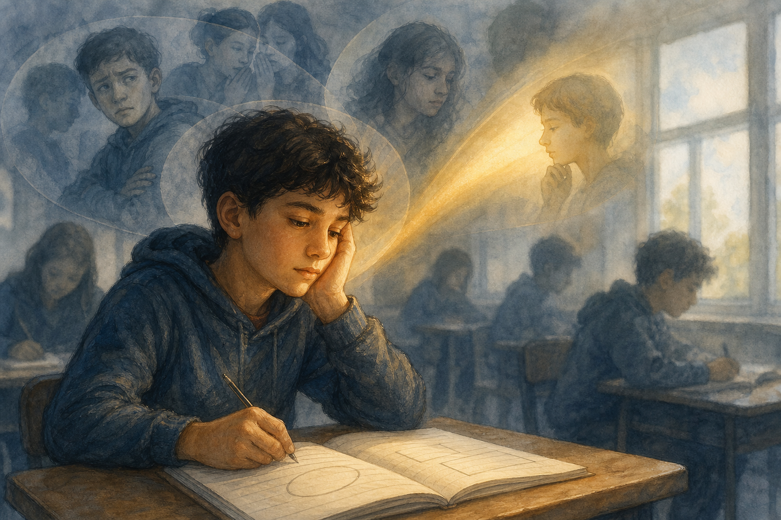 A student sits at a classroom desk surrounded by faint translucent shapes as a warm beam of light curves back toward the student.