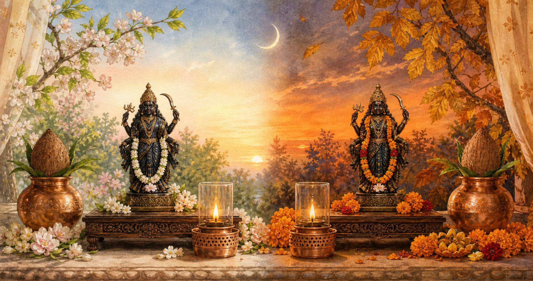 Two seasonal home altars for Maa Kalaratri are shown side by side, one in spring morning light and the other on an autumn evening.