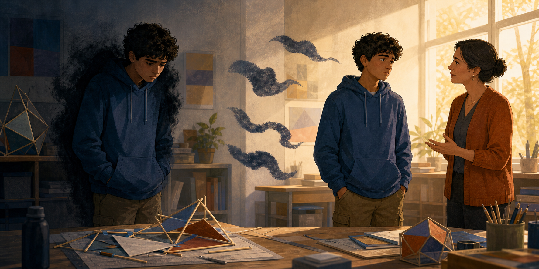 A worried student beside an unfinished model appears first with a close dark shadow and then with the shadow separating into loose wisps near a supportive teacher.