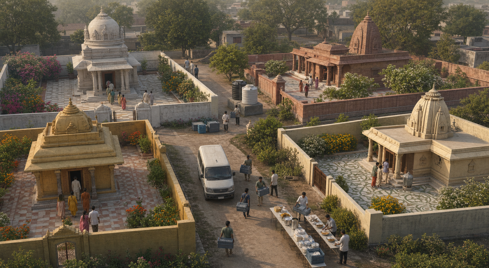 Four architecturally distinct temple compounds remain separate while volunteers coordinate shared emergency, water, and meal-service resources outside them.