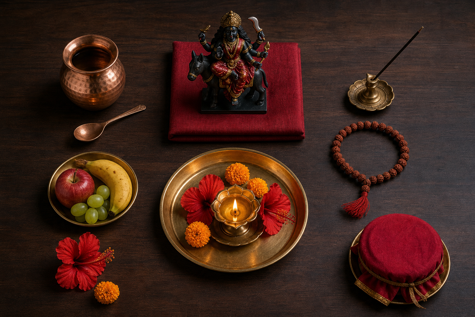 A simple Kalaratri puja arrangement includes a small murti, a safely placed brass lamp, copper water vessel, prayer beads, flowers, incense, fruit, and a covered offering plate.