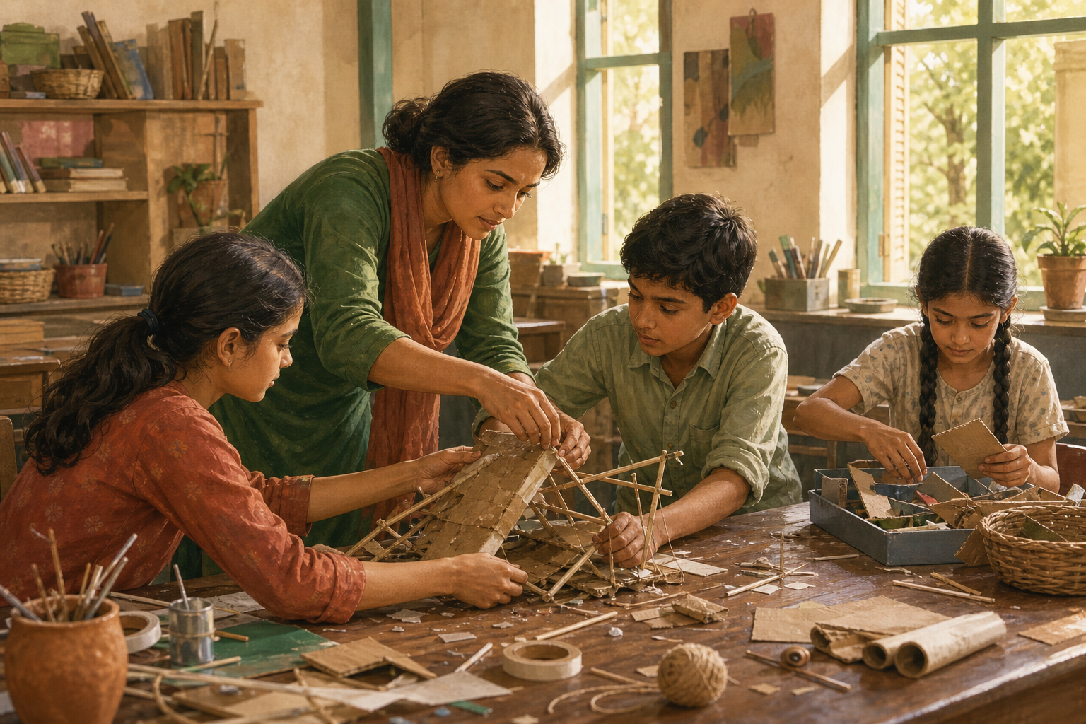 A teacher calmly helps two students rebuild a collapsed classroom project while another student gathers scattered materials.