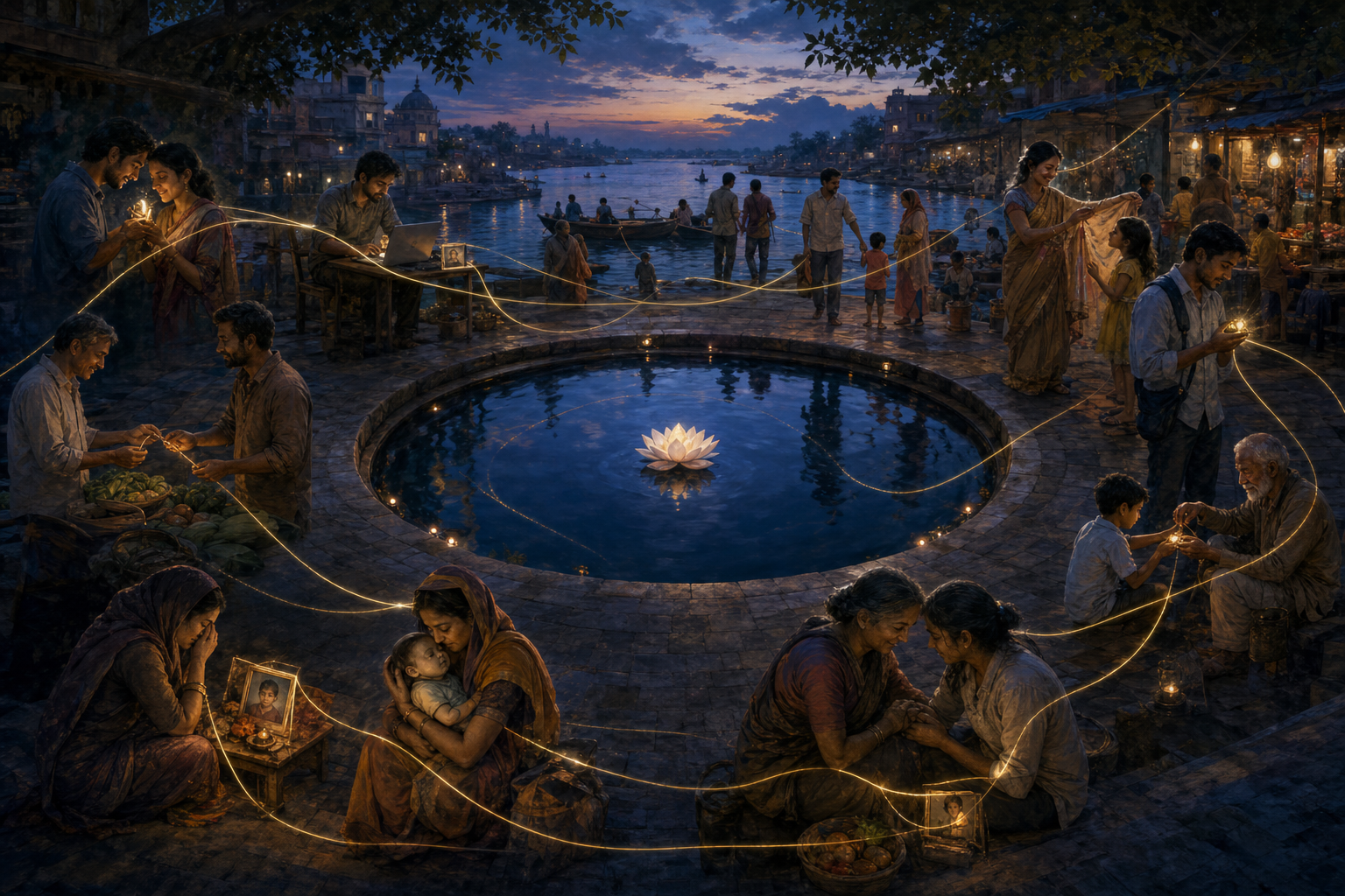 People experience work, affection, caregiving, ambition, grief, and separation around a riverside market, linked by looping golden threads of light.