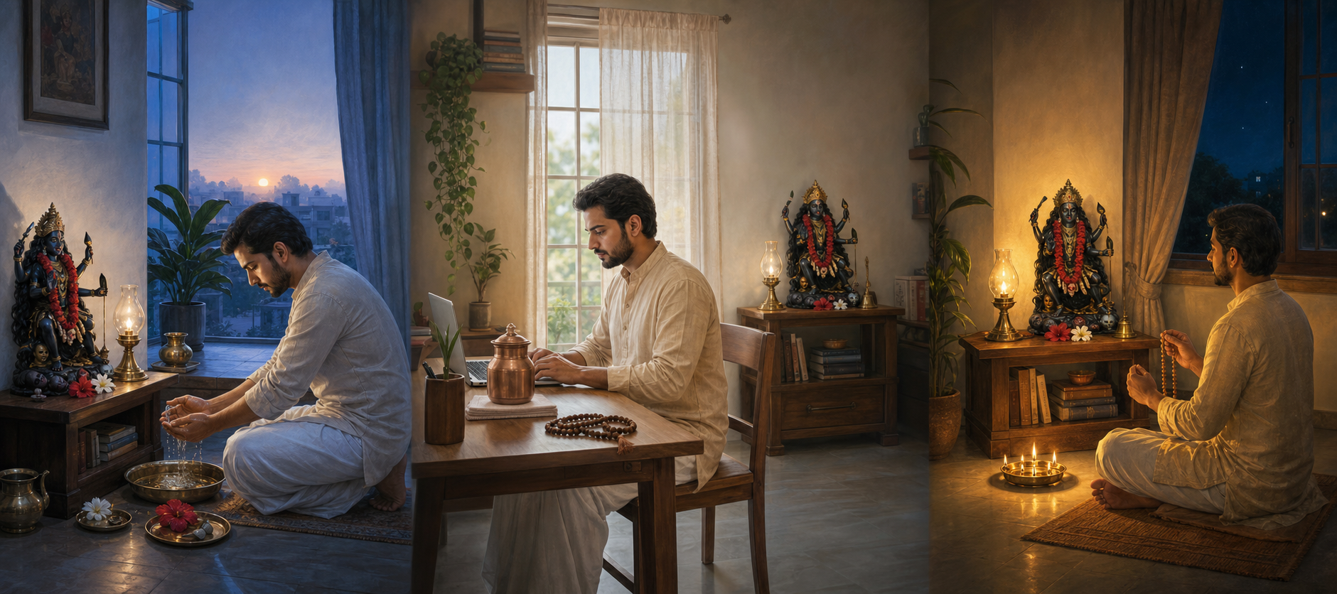 Three connected scenes show the same devotee beginning puja at dawn, working near the shrine during the day, and completing prayer and arati at night.