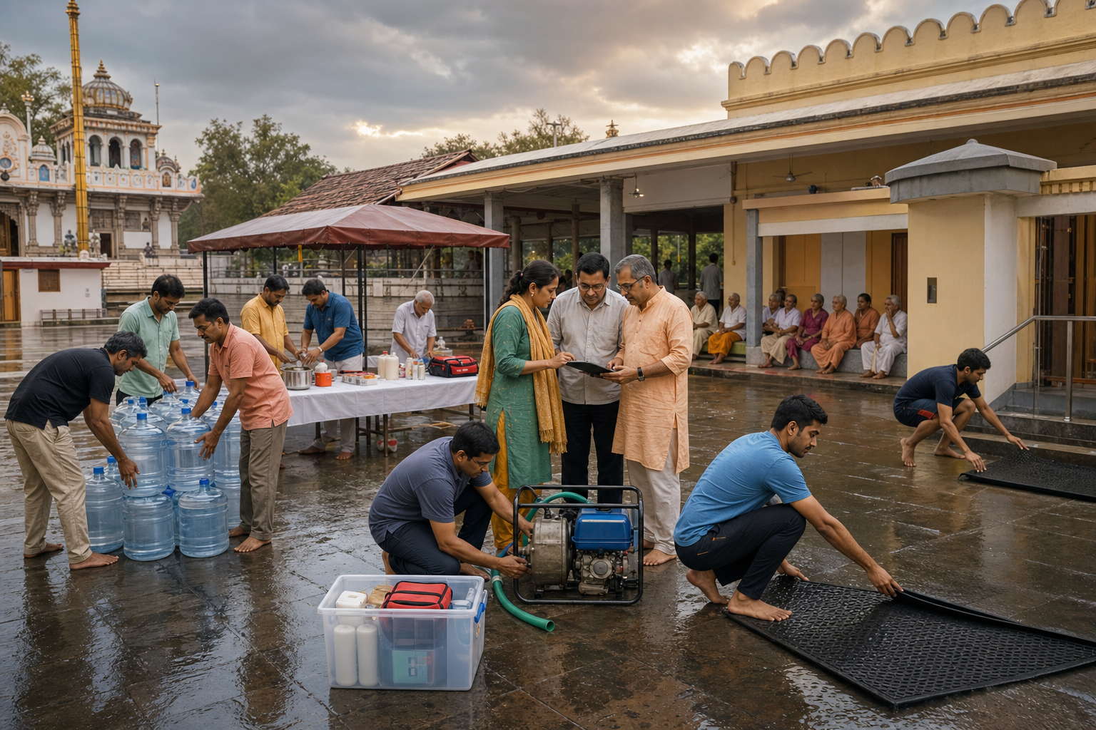 Temple volunteers organize water, first-aid supplies, a portable pump, and a sheltered food station during a monsoon preparedness drill.