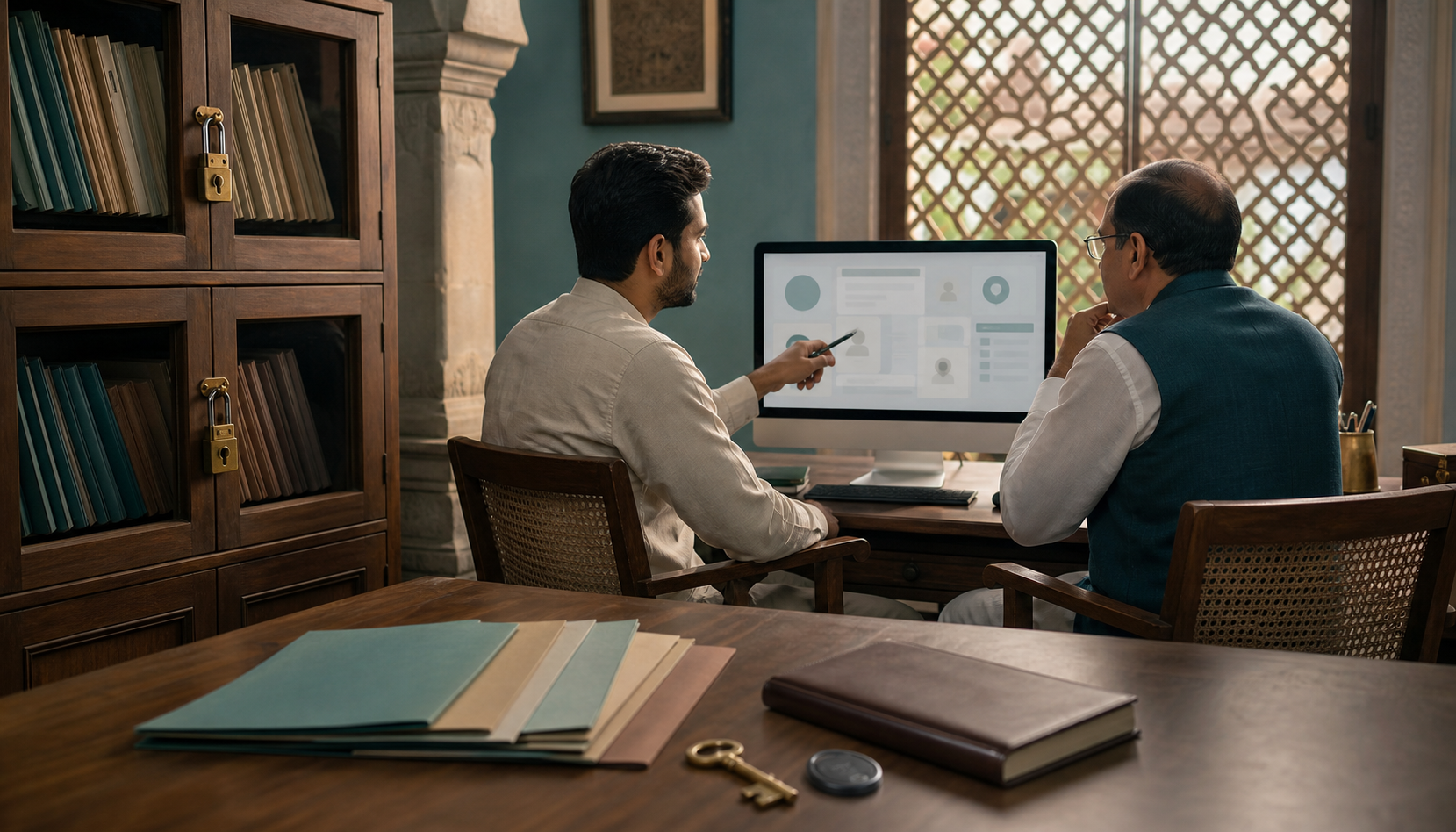 A temple administrator and trustee review an abstract digital directory beside locked cabinets containing protected records.