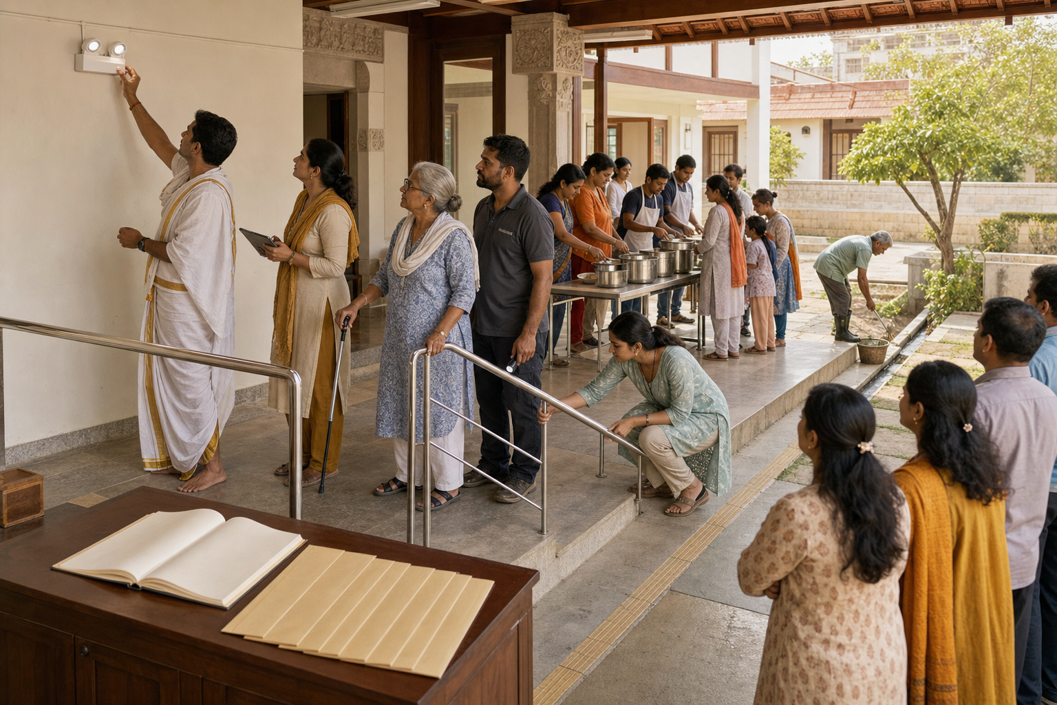 A mixed temple oversight group inspects safety features while volunteers serve a community meal and a caretaker maintains the courtyard.