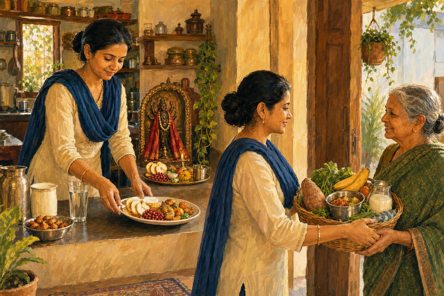 A devotee prepares a simple sattvic meal and shrine offering, then gives a basket of groceries and food to an older neighbor.