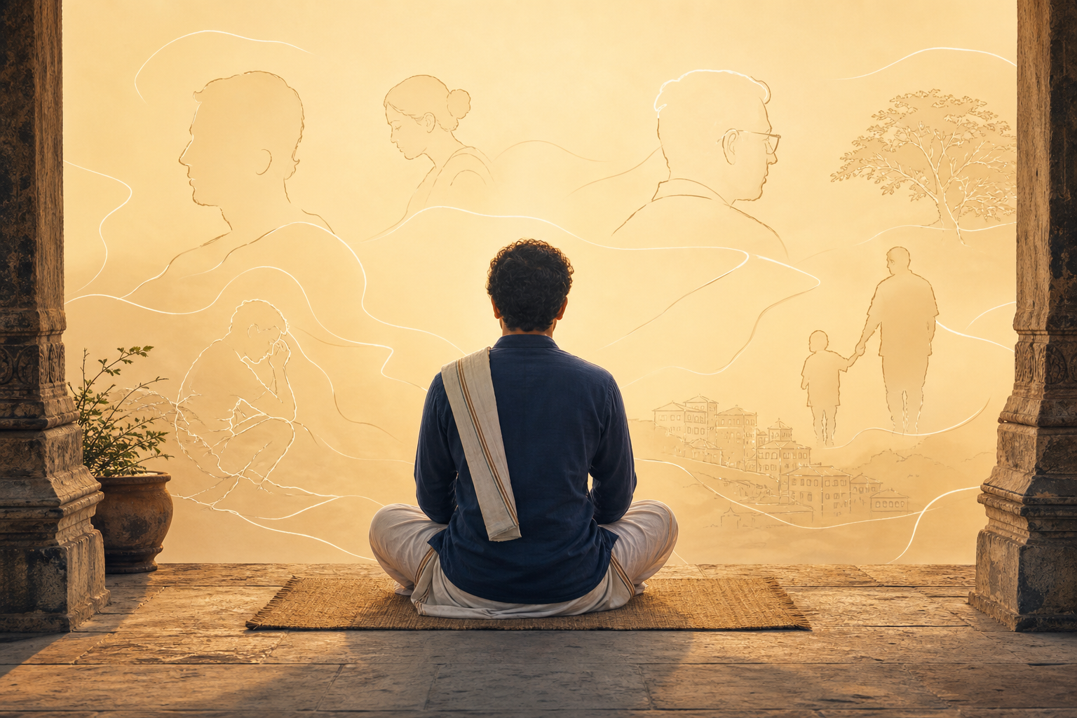 An Indian seeker meditates on a stone veranda as translucent contours surround the body within an unbroken field of dawn light.