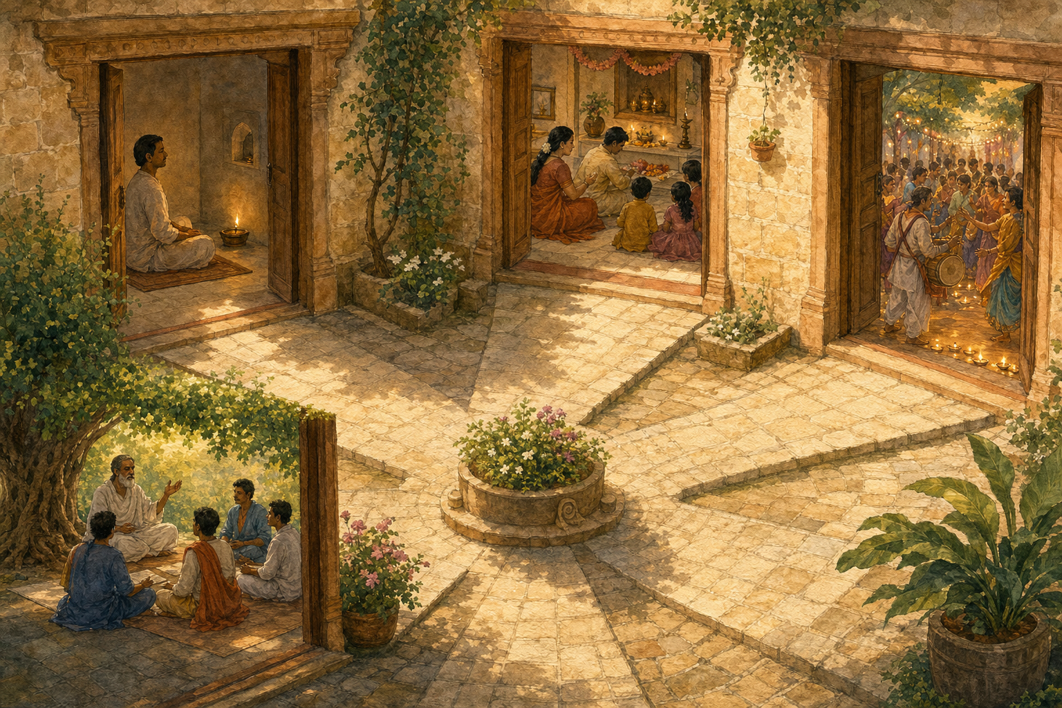 Several doorways around a shared stone courtyard open onto scenes of meditation, household worship, philosophical study, and community celebration.
