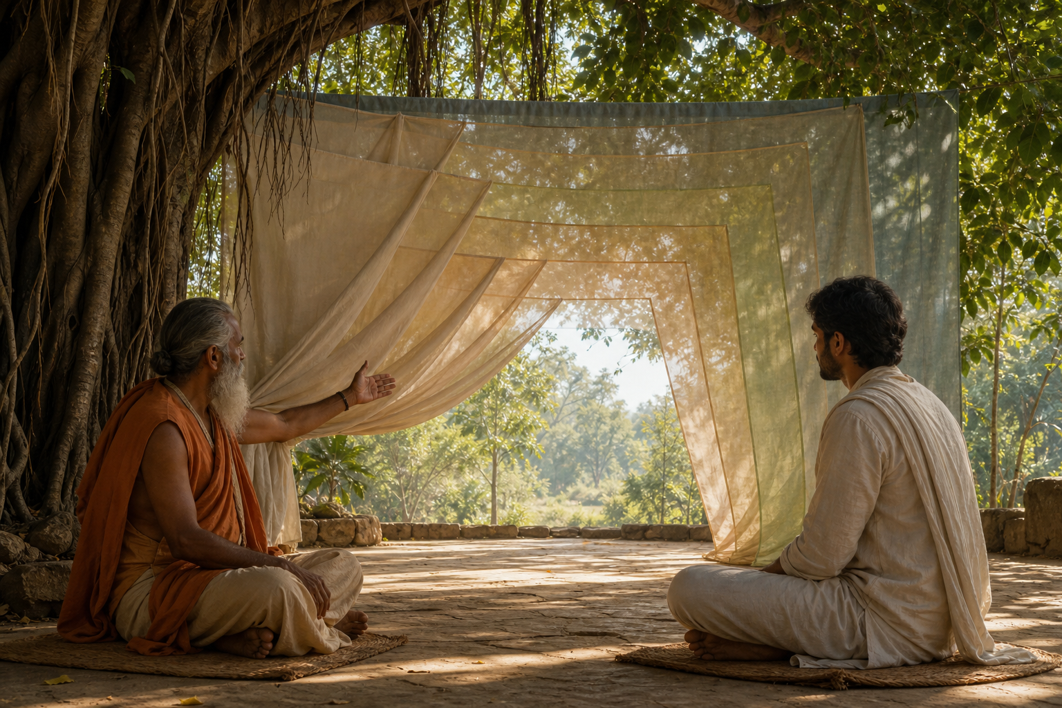 A teacher and student sit beneath a banyan tree beside several translucent veils folded back toward an open sunlit space.