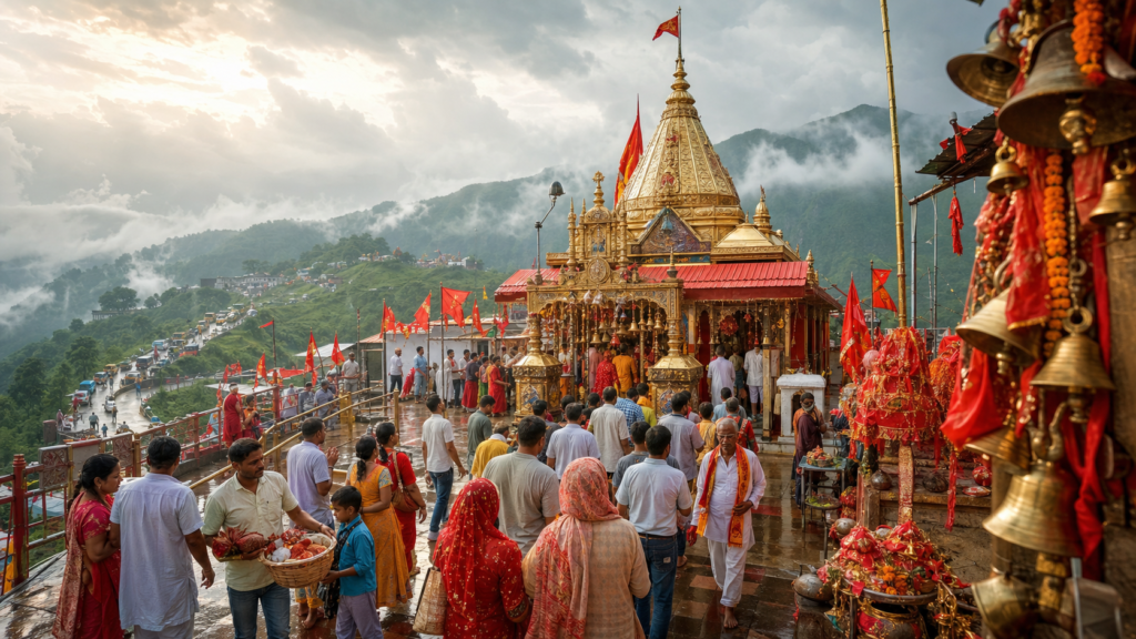 Pilgrims at Mata Chintpurni temple during Shravan monsoon mela in Himachal Pradesh