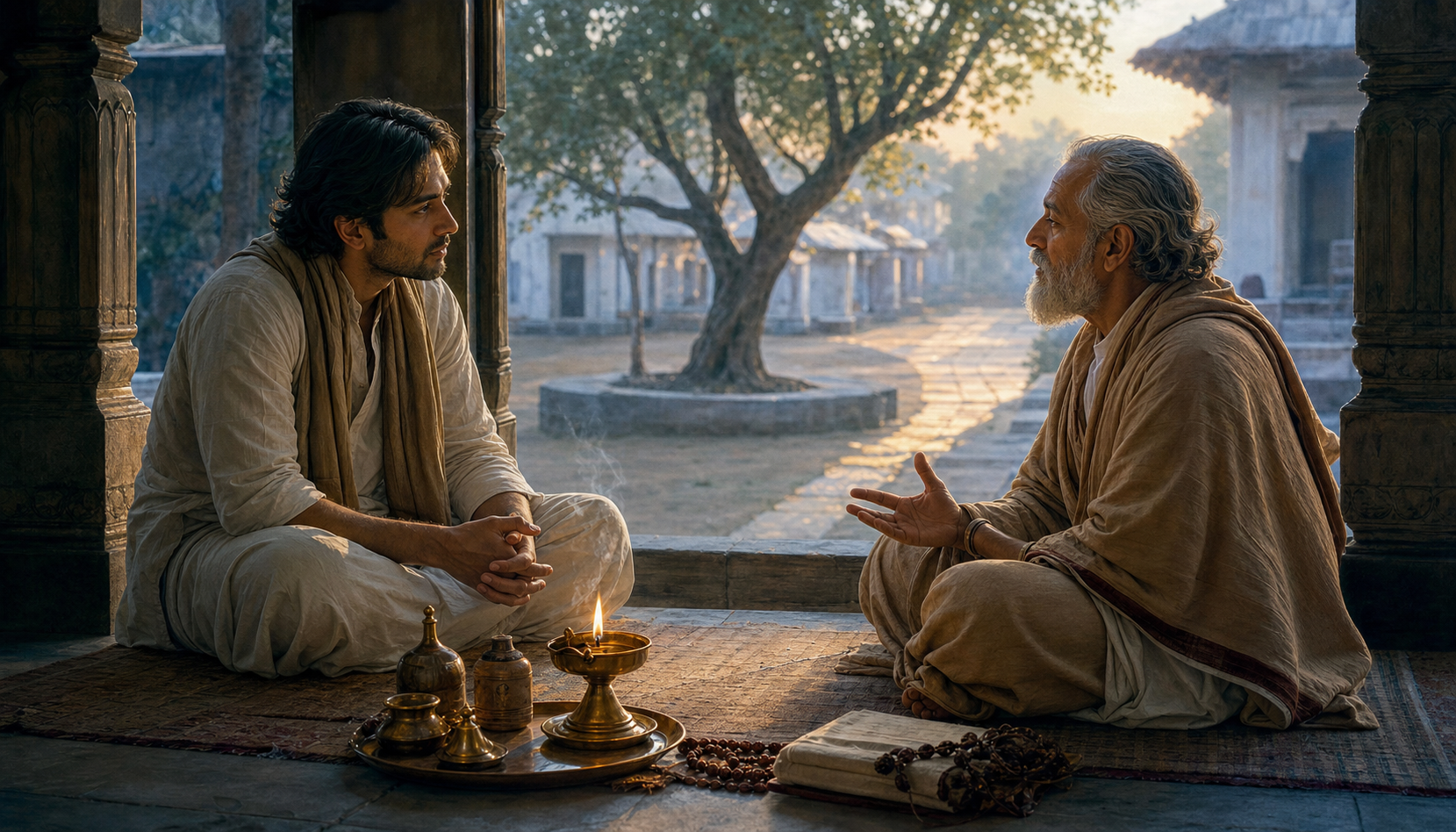 A practitioner and an older mentor speak quietly on a temple veranda at dawn after a ritual.