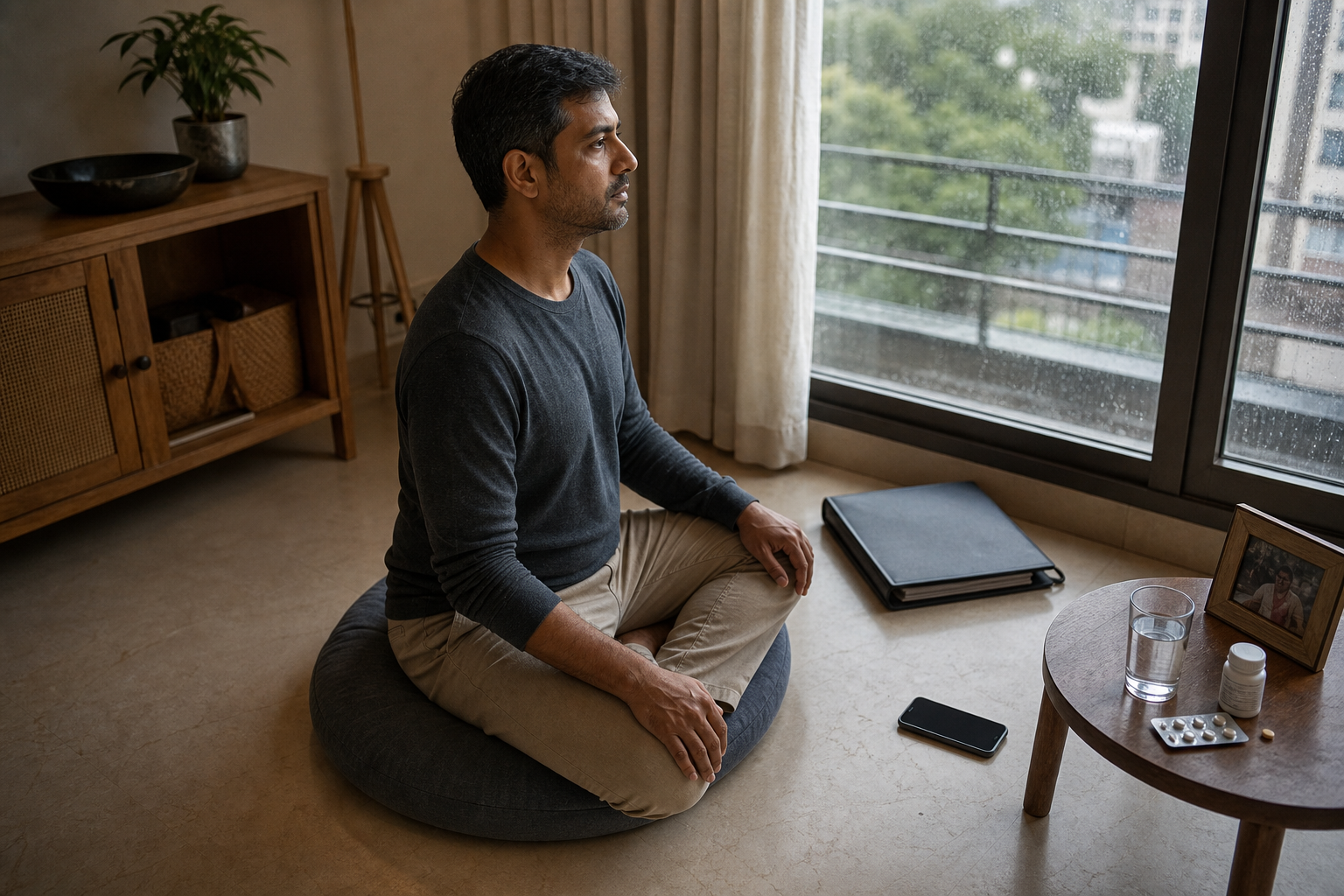 A person practices attentive self-inquiry at home while a phone, medicine, work folder, family photograph, and rainy window remain nearby.