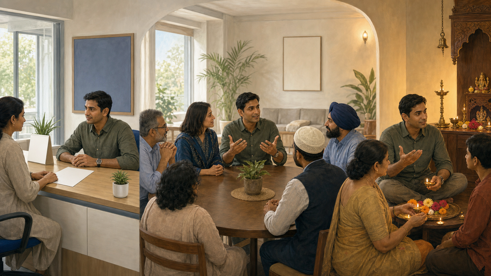 One person appears in connected scenes at a school desk, an interfaith discussion, and a family shrine, with a blank form visible at the school.