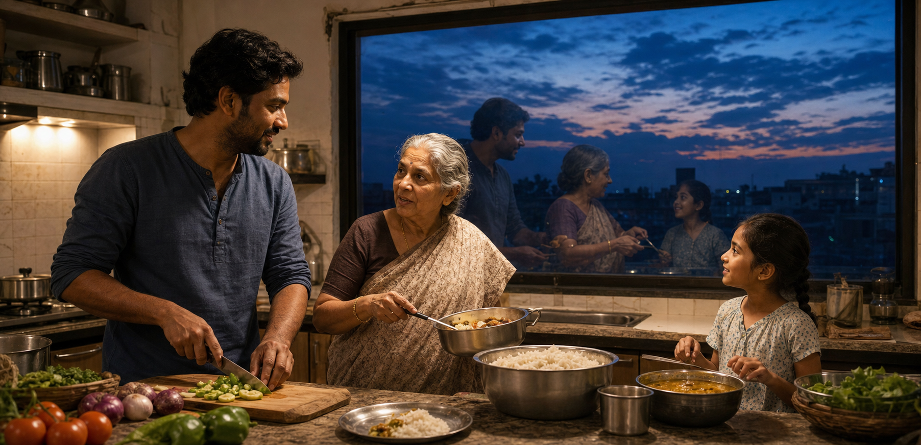 Three generations prepare an evening meal together as their separate reflections share one continuous twilight sky in a kitchen window.