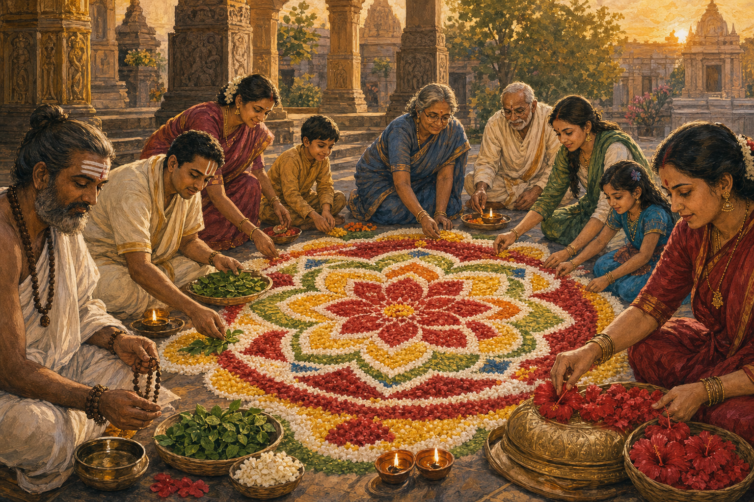 Hindu practitioners with different devotional markings and ritual materials work together on a floral rangoli in a temple courtyard.