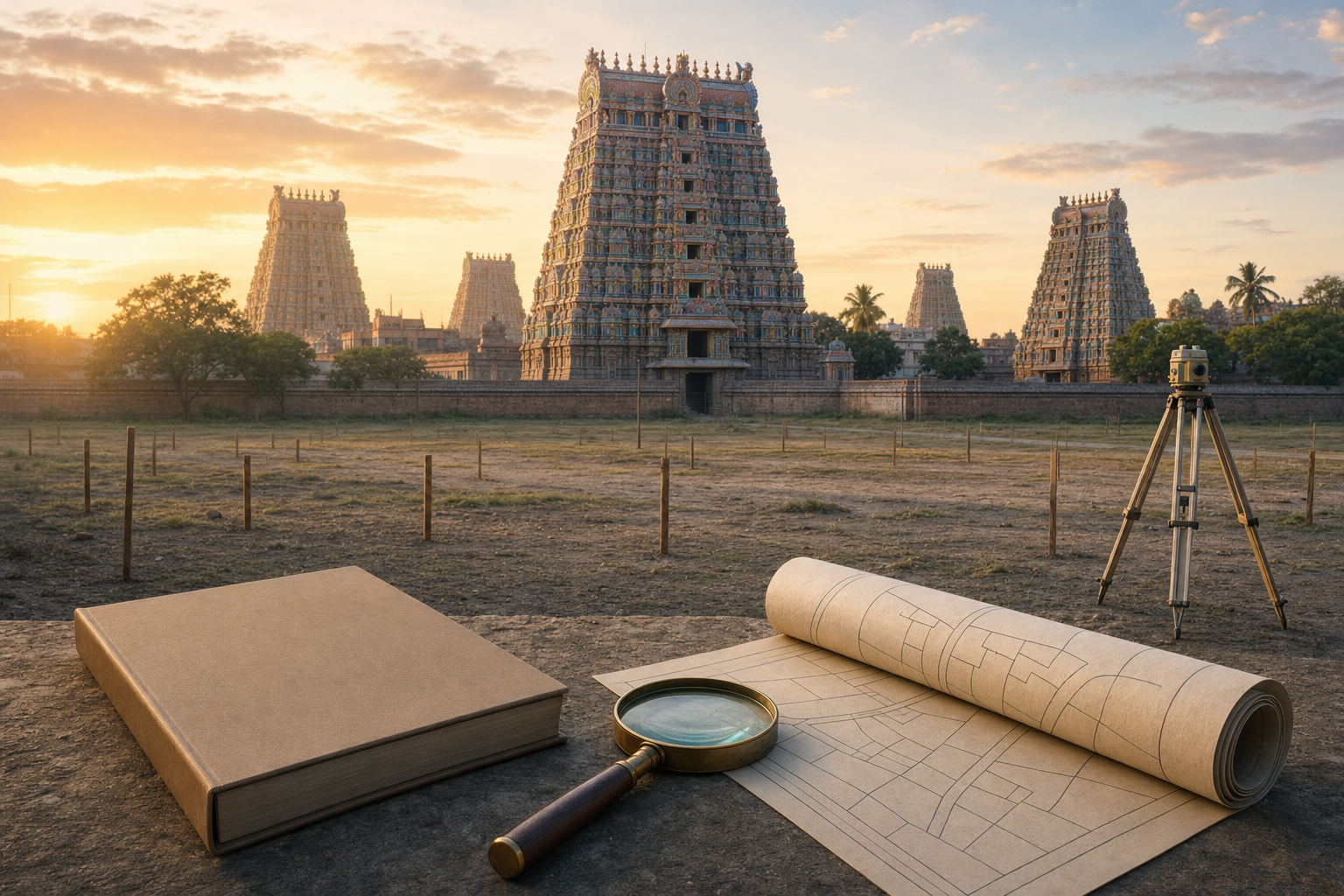 South Indian temple gateway towers overlooking surveyed land, with an unmarked records file, magnifying glass and boundary plan in the foreground.