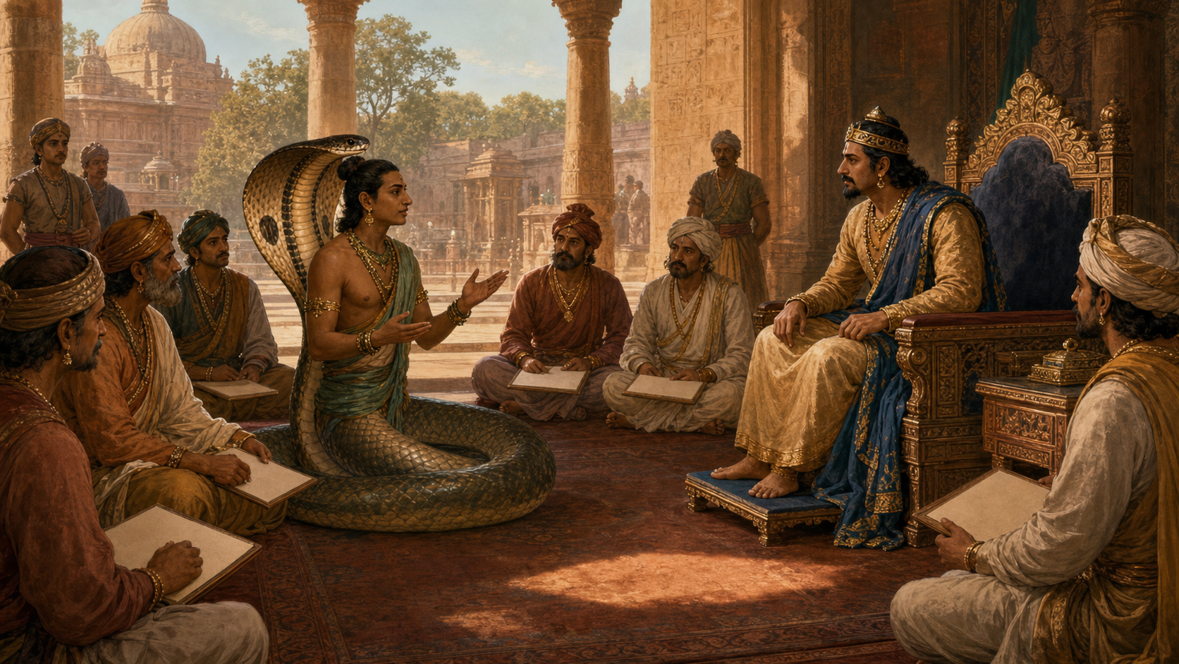 A serpent-bodied Naga envoy speaks before a ruler and attentive ministers in a pillared royal court.