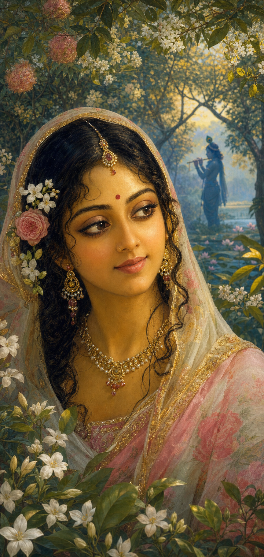 Devotional portrait of Sri Radha in a flowering grove, her gently smiling face and sidelong gaze turned toward a distant blue figure with a flute.
