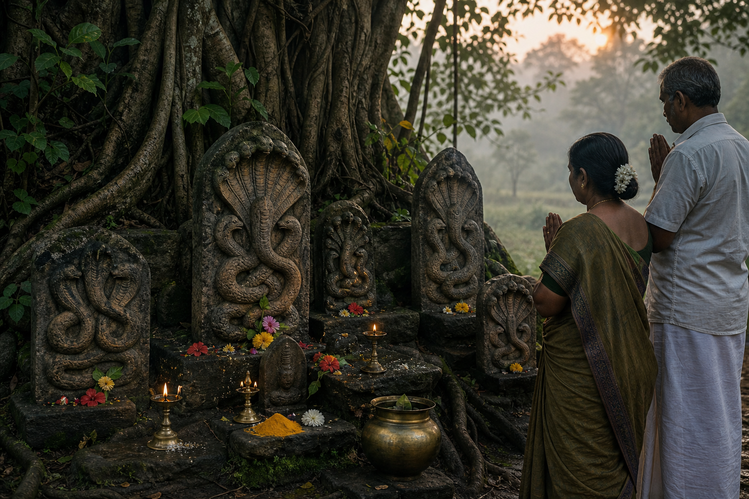 Weathered stone Naga reliefs beneath a large tree are surrounded by flowers, oil lamps, and two respectfully standing devotees.