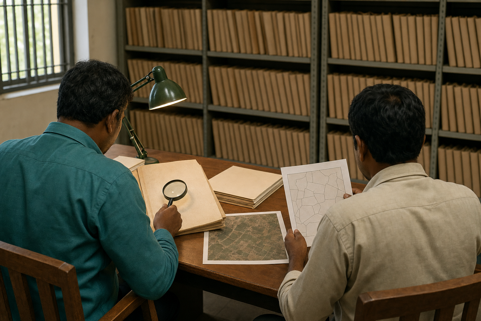 Two anonymous officials compare unmarked property records, a parcel diagram and an aerial land image in an archive room.