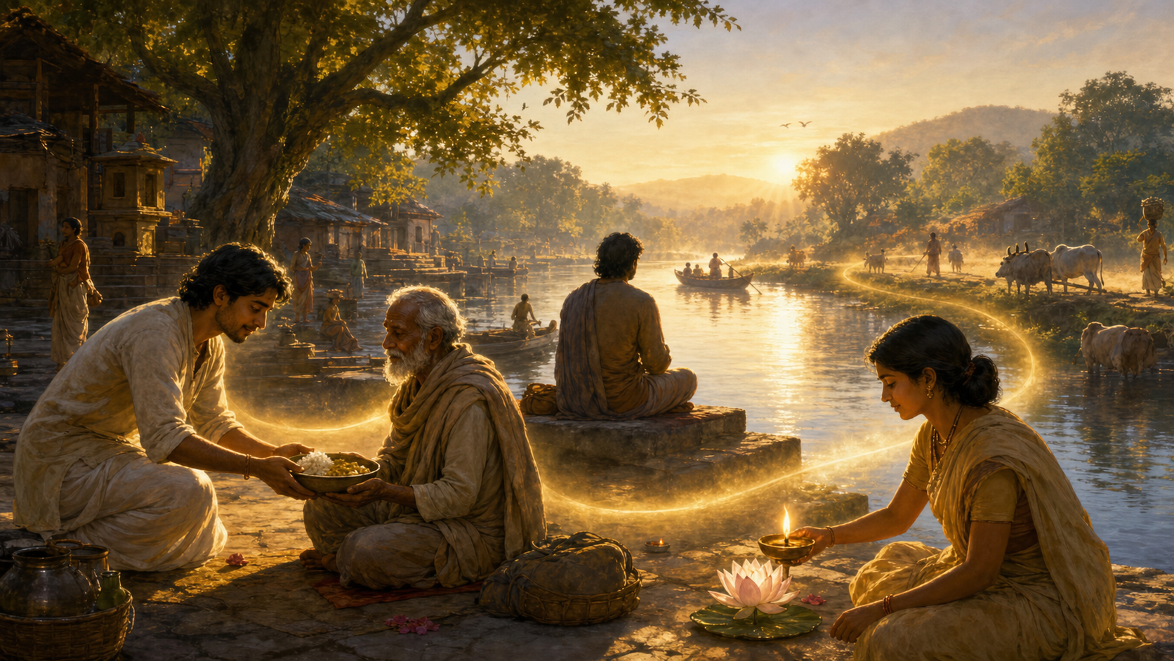 A riverside scene connects an act of service, an oil-lamp offering, and a person observing people, animals, trees, and water in morning light.