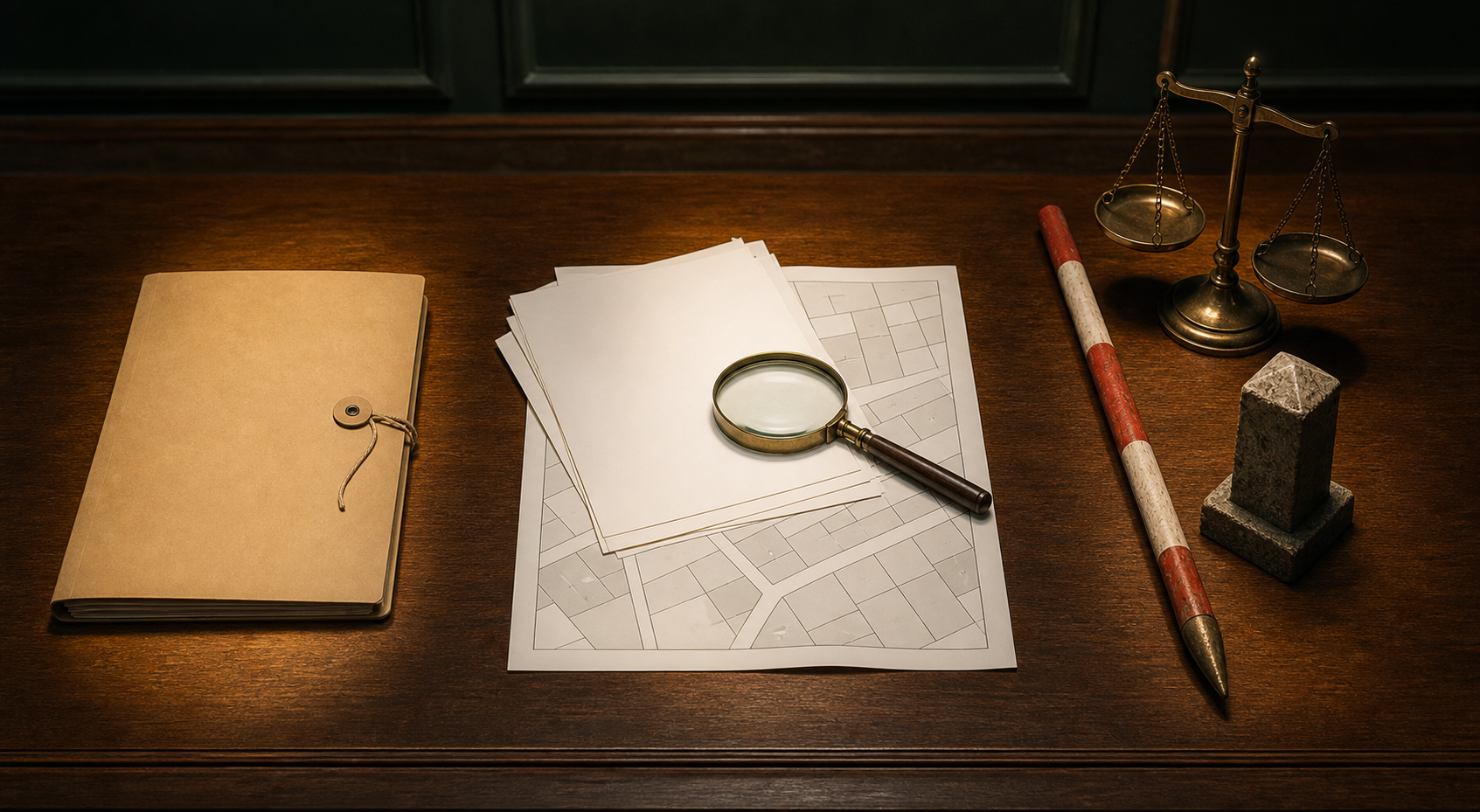 Three separate evidence-table groupings show a case file, property records with a magnifying glass, and surveying tools beside scales of justice.